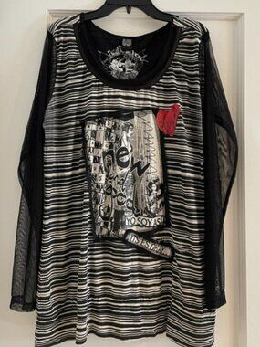DESIGUAL New & Good Top Black & White Sheer sleeves XL